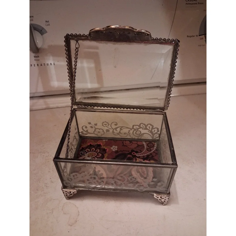 Brighton Silver Hinged Beveled /jewlry Glass Box With Paisly Print 5